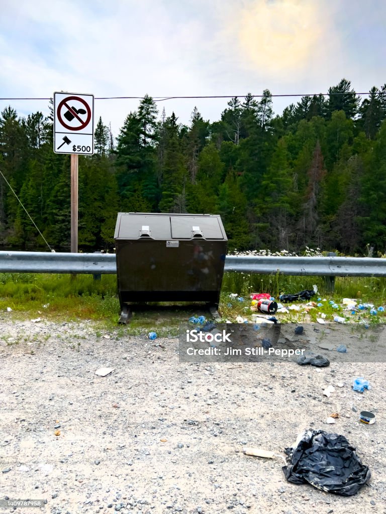 Littering:  The Sad Irony of Trash Bins and Garbage A trash bin with a no-littering sign has garbage littered around, polluting the environment. The image is taken from a rest area in Canada on a Trans-Canada highway. Mistake Stock Photo