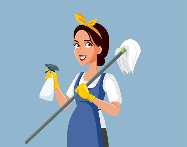 ilustrações de stock, clip art, desenhos animados e ícones de professional cleaner with a sanitizing spray and a mop vector illustration - empregrada-de-limpeza