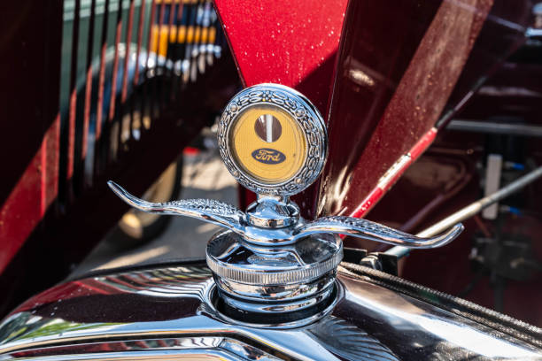 Homestead, Pennsylvania, USA July 19, 2022 The hood ornament of a Ford Model T car at the Homestead Waterfront car show associated with the Pittsburgh Grand Prix