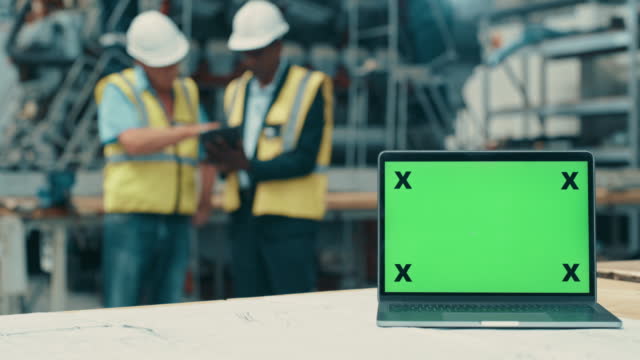Closeup of a laptop with green screen copy space in warehouse and construction workers in the background. Computer with chromakey for marketing and advertising with logistics coordinators behind