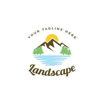 Landscape illustration symbol design vector template. Mountain with lake symbol