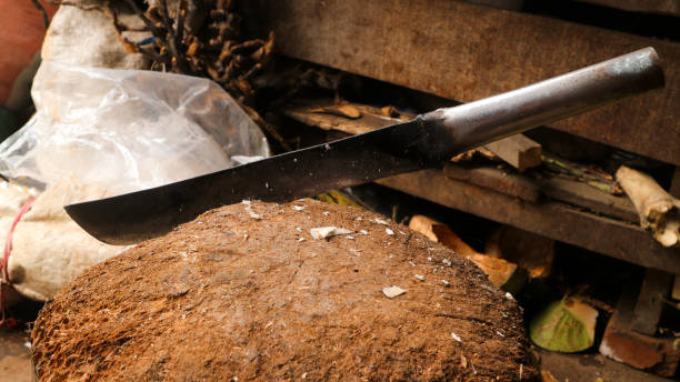 A sharp machete stuck in the wood