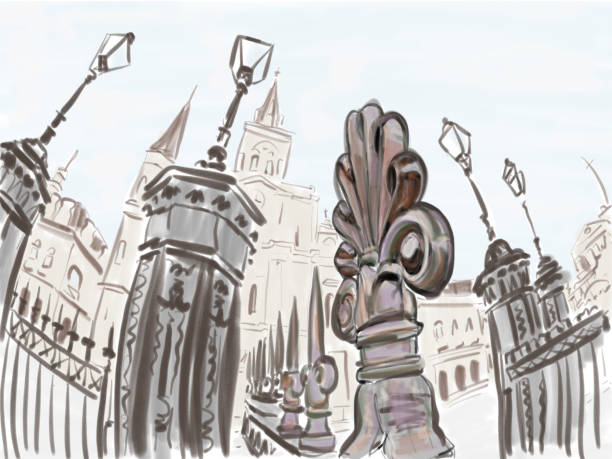 Jackson Square Fisheye Iron Fence Drawing Close up, fisheye view of an iron Fleur de Lis in Jackson Square, French Quarter, New Orleans, with the St. Louis Cathedral beyond. Hand drawn illustration. new orleans fleur de lis stock illustrations