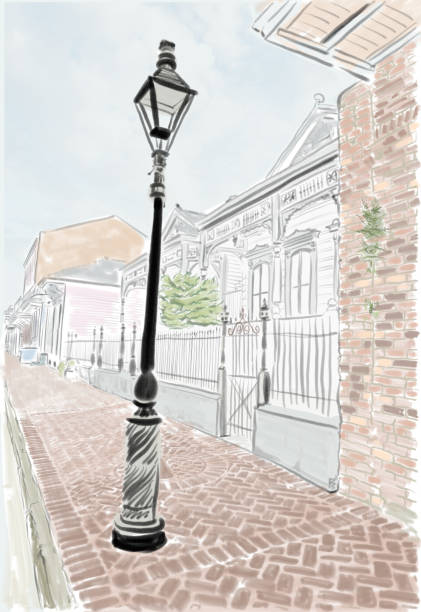 Hand drawn illustration. Pastel and colored pencil. New Orleans street scene with a street lantern and traditional homes. Bourbon street.
