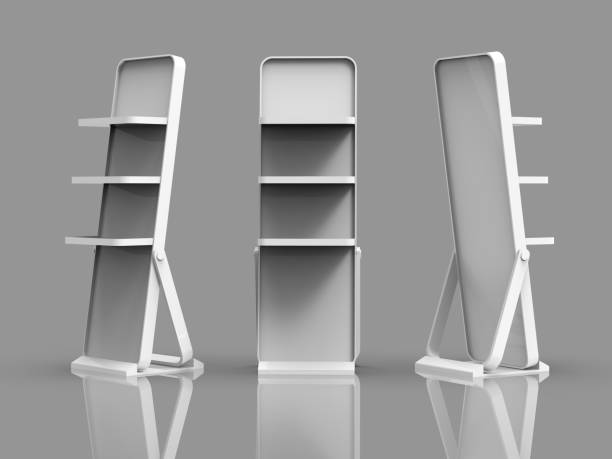 istock Empty Product Stands For Supermarket., Empty Displays With Shelves Products On White Background Isolated. Retail shelf.,display mockup retail shelves stand pos POSM.3d rendering mock up. 1409798965