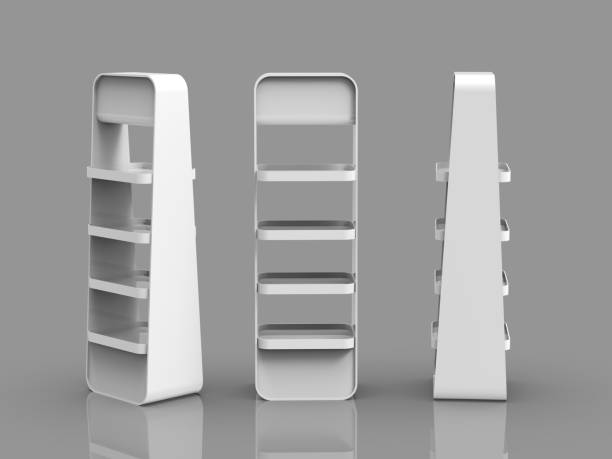 istock Empty Product Stands For Supermarket., Empty Displays With Shelves Products On White Background Isolated. Retail shelf.,display mockup retail shelves stand pos POSM.3d rendering mock up. 1409799042
