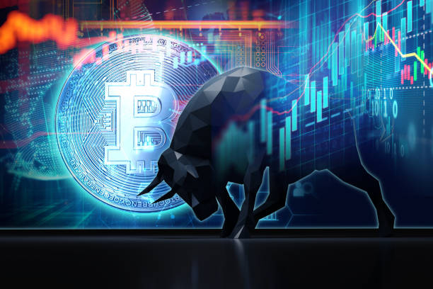 silhouette form of bull on technical financial graph 3d illustration silhouette form of bull on financial stock market graph represent stock market rising or uptrend investment 3d illustration bitcoin stock pictures, royalty-free photos & images
