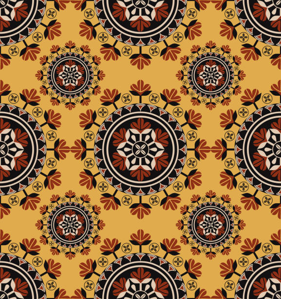 African circle flower seamless pattern Vector African ethnic circle flower shape seamless pattern on yellow color background. Use for fabric, textile, interior decoration elements, upholstery, wrapping. chinese tapestry stock illustrations