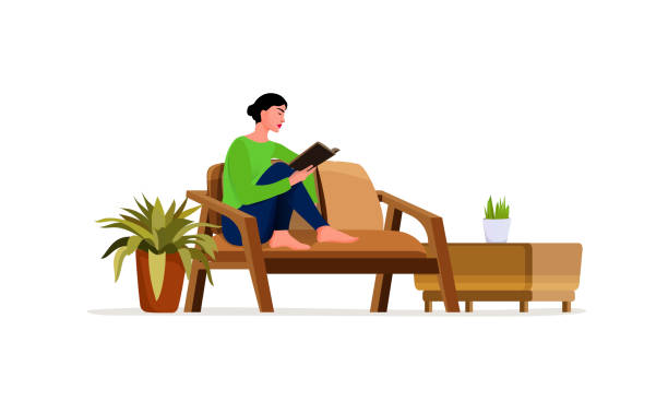 Staying at home.Beauty girl sitting in the red sofa and reading books.Warm colored home interior. vector art illustration