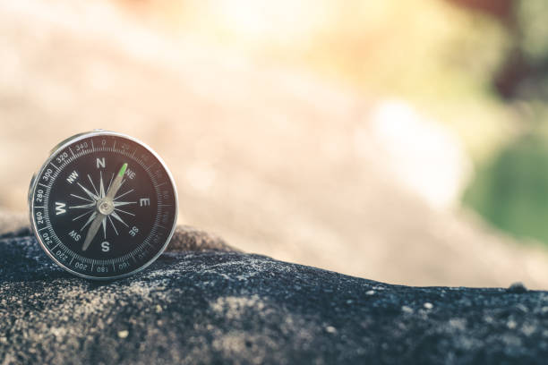istock Compass of tourists on stone at riverside. 1409804359
