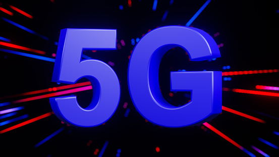 The concept of 5G network high-speed social Internet, Zoom of the speed light with text 5G on blurred background. 3d rendering