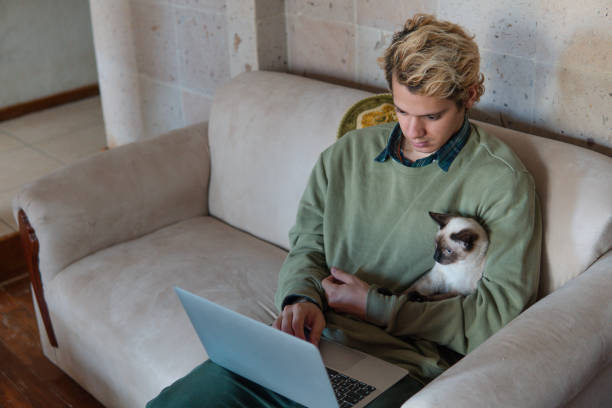 istock Man hugs his cat on the sofa and works on his computer 1409807517