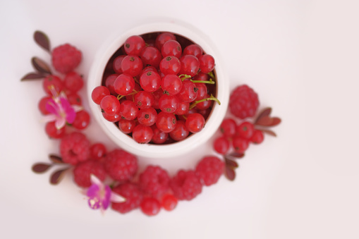 Red currants and raspberries. Small flowers. White dishes. Juicy red berries.