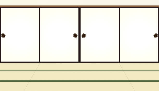 Illustration of a simple and spacious Japanese-style room with fusuma and tatami mats. Vector illustration. bran stock illustrations