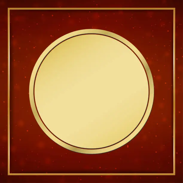 Vector illustration of Blank empty glittering maroon or bright red greeting card or poster template with a contrast golden beige bright border frame and a round circle in the middle