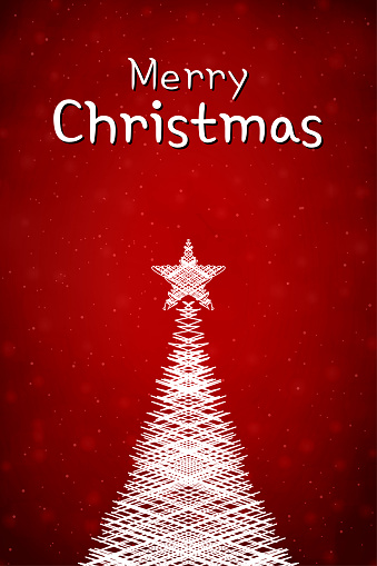 A vector poster or banner of one futuristic and modern christmas tree over red background. Apt for Xmas, Christmas, New Year Day New year's eve, holidays, vacations, theme backgrounds, greeting cards, posters, banners and backdrops. The tree has an abstract fierce criss cross crossing lines pattern and a shining star at the top. There is copy space and no people.