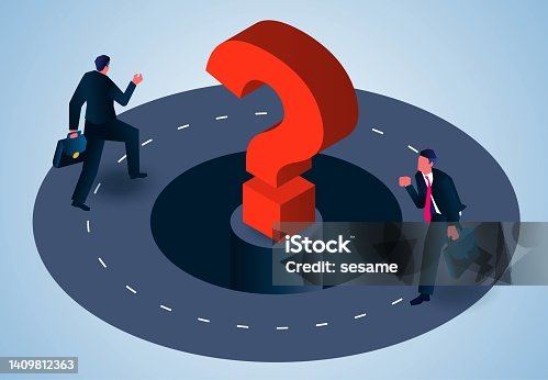 istock Business dilemma, trouble, dead end, isometric businessman running on circular dead end road looking for solution 1409812363