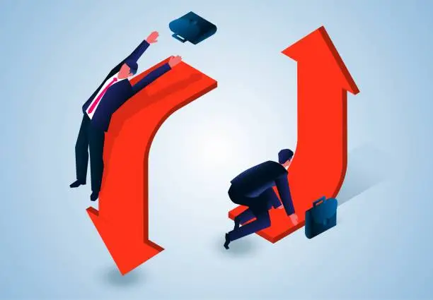 Vector illustration of Isometric businessman ready to start on rising arrow and falling down on falling arrow, failure and success of business management