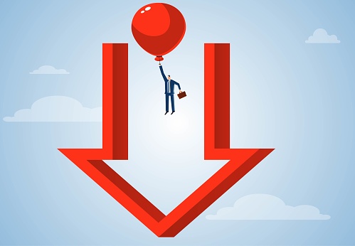 Reversing the situation fleeing crisis changing direction, businessman pulling balloon and flying upwards from the bottom of falling arrow, business concept illustration
