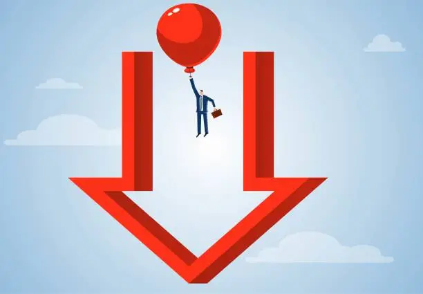 Vector illustration of Reversing the situation fleeing crisis changing direction, businessman pulling balloon and flying upwards from the bottom of falling arrow, business concept illustration