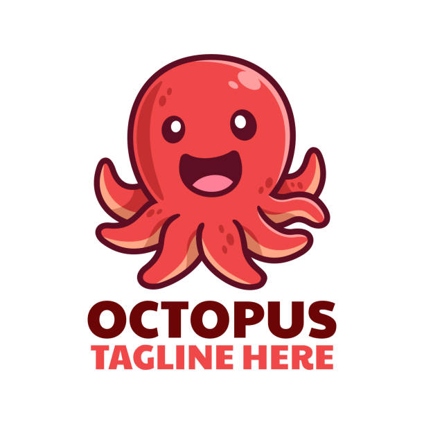 illustrazioni stock, clip art, cartoni animati e icone di tendenza di design sorridente del logo del fumetto del polpo - red octopus