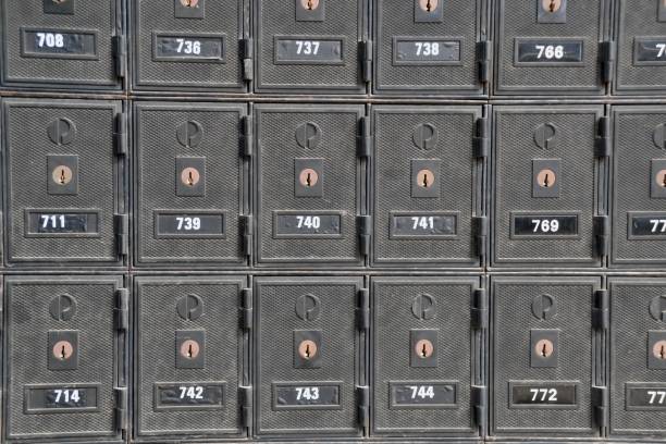 istock Full frame linear image of post or lock boxes with numbers and key locks at the local post office 1409818878