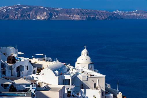 Houses on the top of the caldera at Santorin Island. Cyclades. Greece.