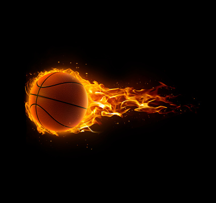 Basketball on fire on black background