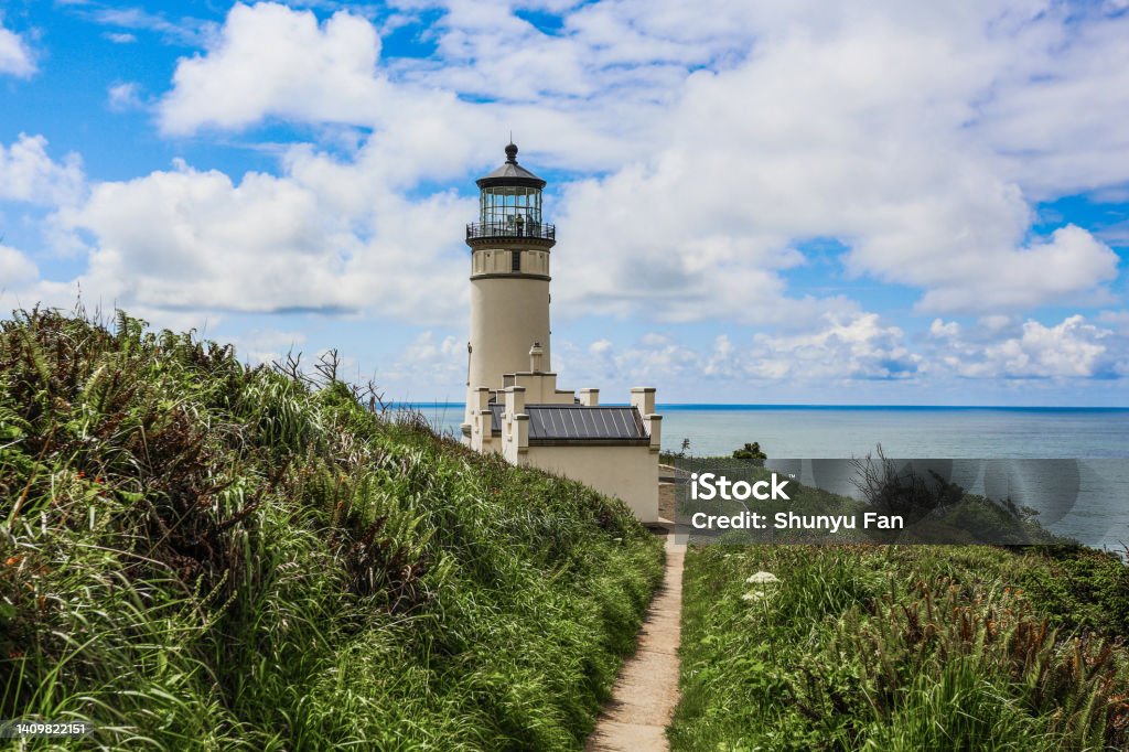 North Head Lighthouse at Cape Disappointment Cape Disappointment State Park near Ilwaco, Washington State, USA Travel Stock Photo