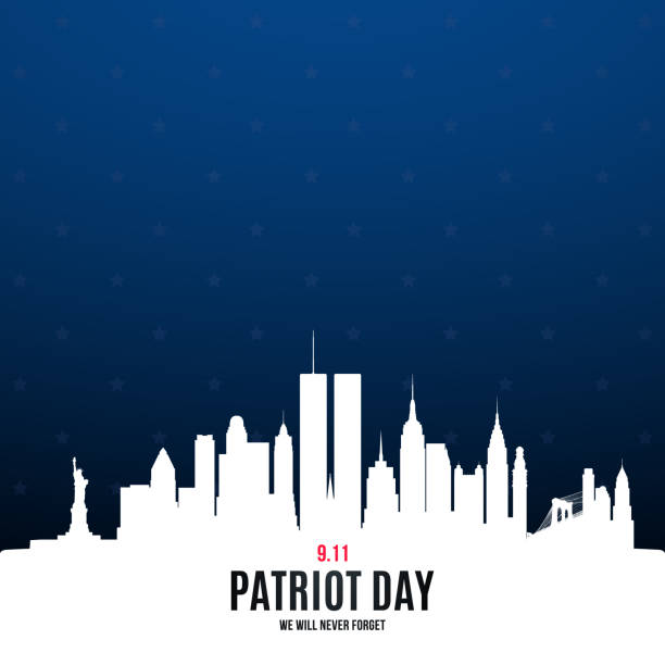 illustrazioni stock, clip art, cartoni animati e icone di tendenza di poster del patriot day con lo skyline di new york. giornata nazionale di preghiera e di commemorazione per le vittime degli attacchi terroristici 11 settembre 2001. modello di progettazione per sfondo, banner, scheda, ecc. - american culture liberty usa statue