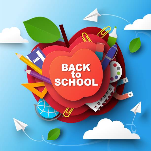 ilustrações de stock, clip art, desenhos animados e ícones de back to school paper art style design - school supply