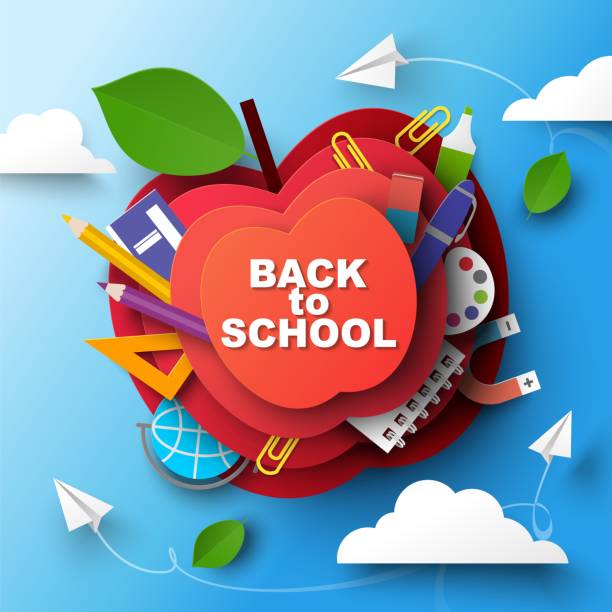Back to school paper art style design Back to school paper art style vector design. Poster with papercut apple and study supplies. Online education and e-learning concept. Welcome and greeting banner for advertisement and promotion storage device stock illustrations