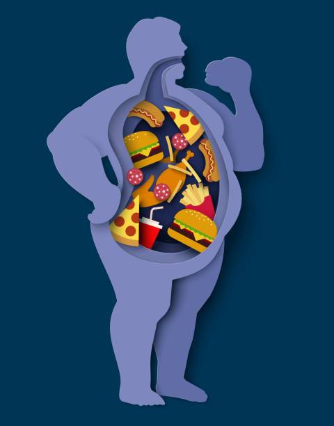 Excess weight man paper cut vector design Excess weight man paper cut vector design. Overweight and obesity concept. Unhealthy diet and junk food inside fat male body. Adult person abdominal obese. Over eating problems illustration obesity stock illustrations