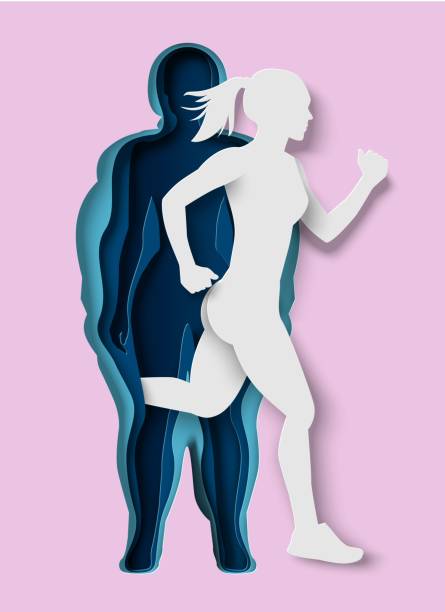 Woman running out of fat body paper cut vector Woman running out of fat body paper cut craft art vector. Weight loss program. Female silhouette with fat and slim body. Sport lifestyle for being strong and healthy concept obesity stock illustrations