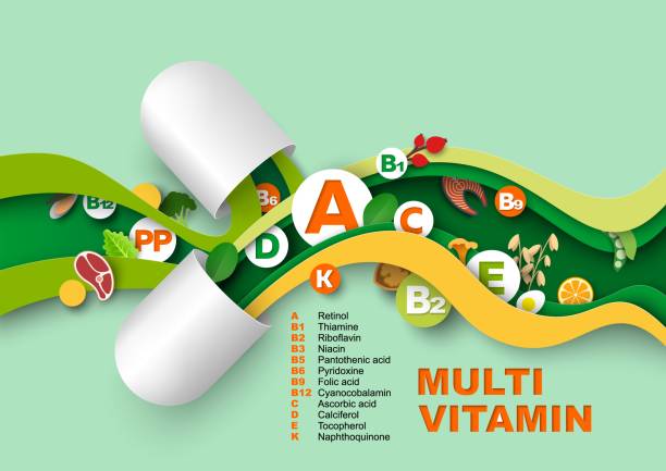 Multi vitamin complex paper cut craft art vector Multi vitamin complex paper cut poster. Craft art vector pill and multivitamin spilled out of vitamin capsule. Natural food supplement advertising illustration. Pharmacy promotion banner design vitamin stock illustrations
