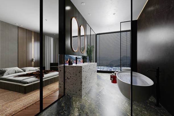 istock 3d render of beautiful interior , bedroom and bathroom modern style 1409823846