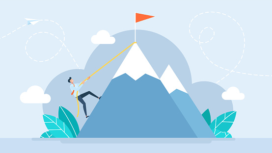 Businessman climbs to the top of the mountain. Metaphor of success, achievements, progress, growth in business. Efforts to achieve the goal. Mountaineering. Climbing. Flat design. Vector illustration