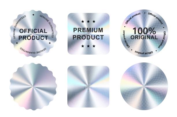 Hologram stickers, holographic labels for original Hologram stickers, holographic labels with silver texture, vector original product stamp. Hologram sticker for official product guarantee and premium quality 100 percent genuine holographic seal holographic stock illustrations