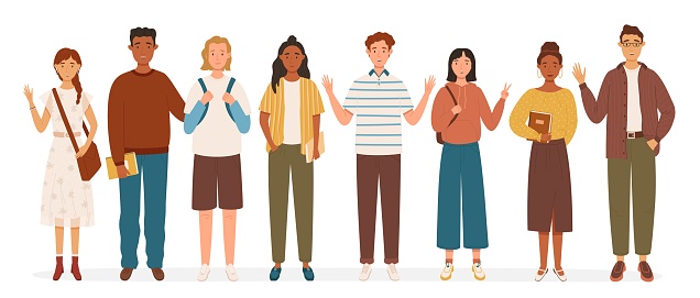 istock Group of multicultural students flat vector illustration. Young girls and boys holding books. Happy teenager in casual clothes 1409825979