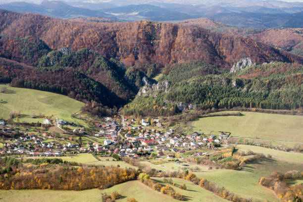 Sulov-Hradna village with hills on tha background in Slovakia stock photo