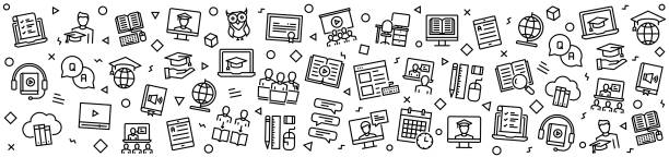 ONLINE EDUCATION Patterns with Linear Icons, Trendy Linear Style Vector ONLINE EDUCATION Patterns with Linear Icons, Trendy Linear Style Vector online courses dashboard stock illustrations