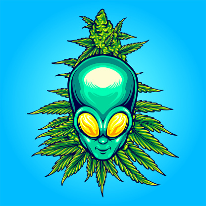 Alien head with weed plant vector illustrations for your work logo, merchandise t-shirt, stickers and label designs, poster, greeting cards advertising business company or brands