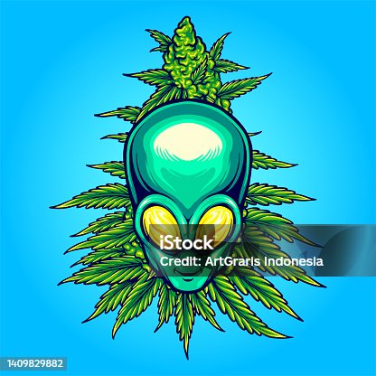 istock Alien head with weed plant illustrations 1409829882