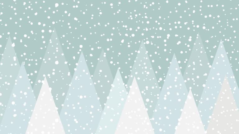 Winter landscape background, abstract mountains with fir trees under snowfall. Animated illustration with copy space. Loop footage 4k