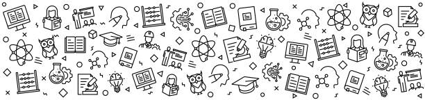 wzory stem education z ikonami liniowymi, modny wektor stylu liniowego - stem stock illustrations