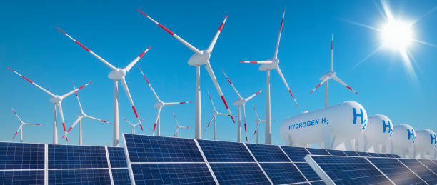 istock Hydrogen tank, solar panel and windmills with sunny blue sky 1409832161