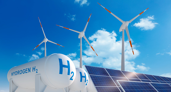 Wind turbines, solar panels and hydrogen gas tanks - 3D illustration of renewable power concept