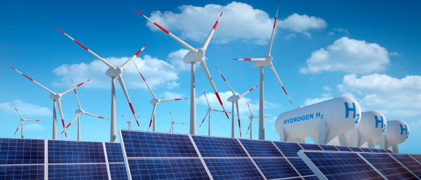 istock Hydrogen tank, solar panel and windmills with sunny blue sky 1409832179