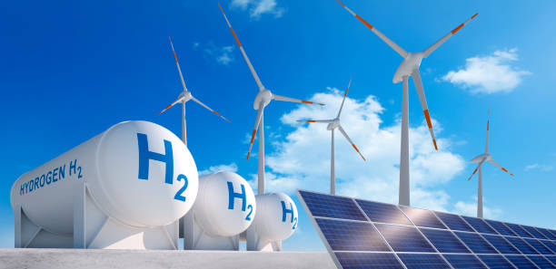 istock Hydrogen tank, solar panel and windmills with sunny blue sky 1409832186