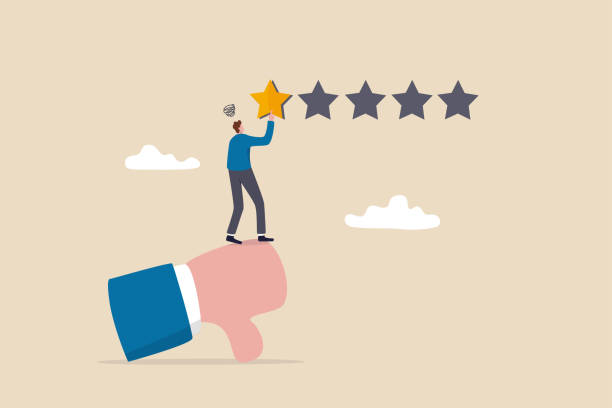 Negative feedback, bad review or one star customer feedback, terrible or poor quality user experience, low rating result or disappointment concept, unhappy man on thumb down giving bad review star. vector art illustration